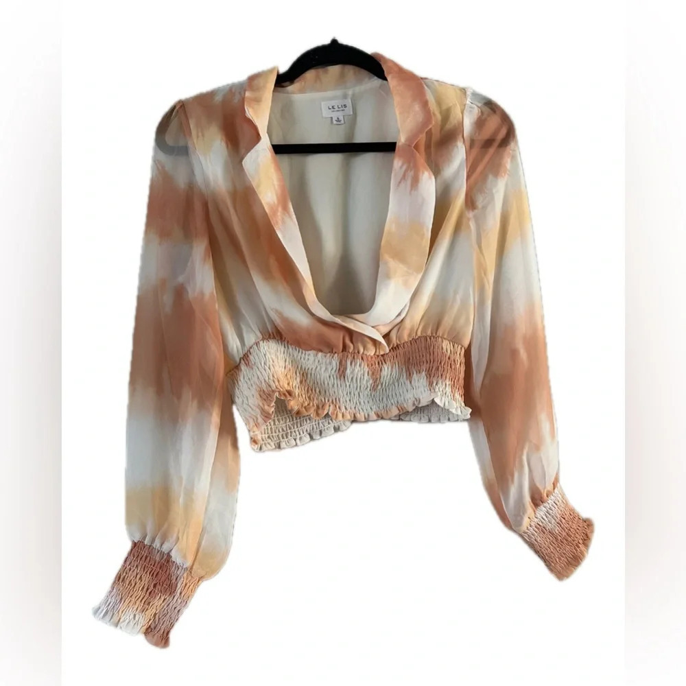 Le Lis Sheer Cropped Watercolor Long Sleeve Blouse Size Small